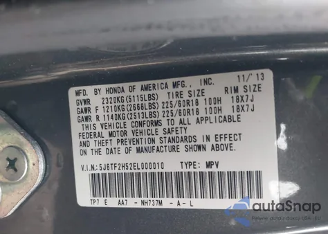 2014 Honda Crosstour Ex-L V6 из США, поврежденный, VIN 5J6TF2H52EL000010